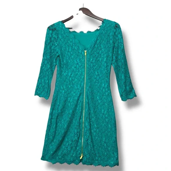 Diane von‎ Furstenberg Lace Dress Gold Zip Front 3/4 Sleeve Green Size 4 - Picture 3 of 8